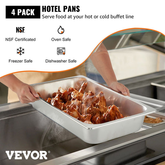 VEVOR 4 Pack Steam Table Pans 20.9 X 12.8 X 3.9 Inch Deep Steam Table Pan Full Size 13L Deep Food Container Stainless Steel Oven Tray Hotel Pans Anti-Jam Steam Table Food Pan